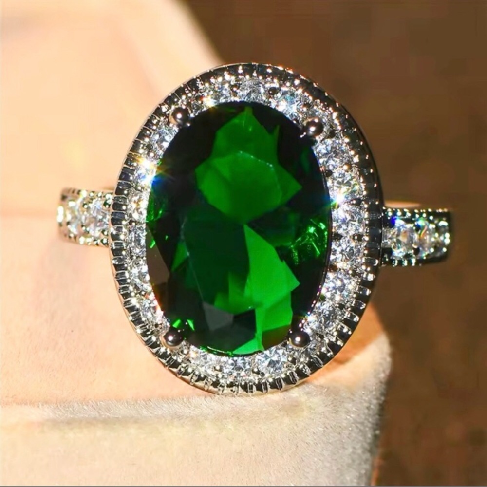 10k White Gold Over Silver Oval Emerald Simulated Diamond Halo Ring